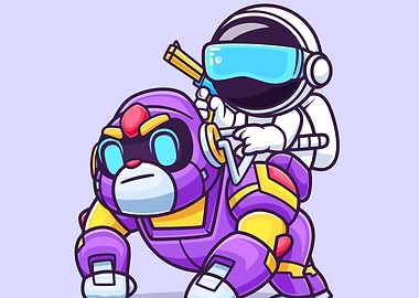 Astronaut riding robotic gorilla cartoon