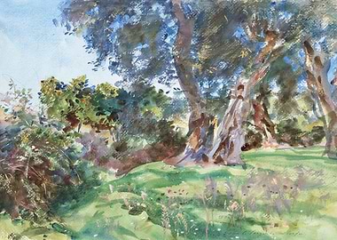 Watercolor Landscape with Trees and Meadow
