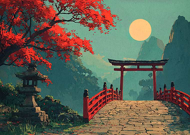 Japanese Landscape with Torii Gate and Bridge