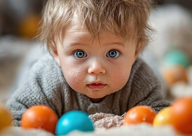 Baby with Blue Eyes and Colorful Balls