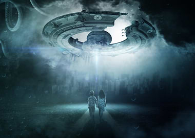 Children and UFO over city