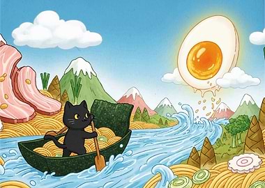 Ramen River Adventure with Black Cat