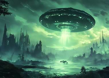 UFO over a swamp landscape