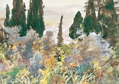 Watercolor Landscape with Trees and Foliage