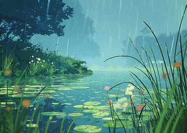 Rainy Day Pond Landscape Painting