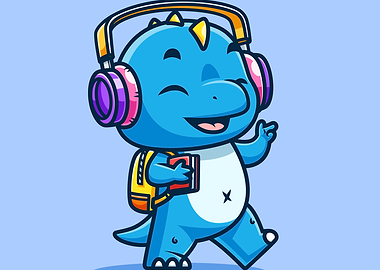 Cartoon Dinosaur with Headphones and Backpack