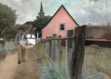 Rural Village Scene with Walking Man