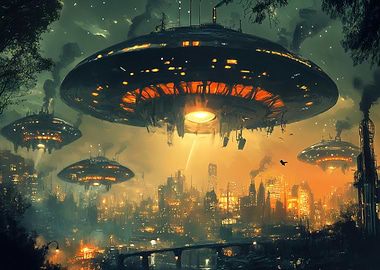 UFOs over a futuristic cityscape