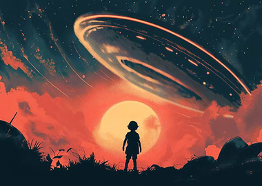 Child Gazing at UFO over Sunset