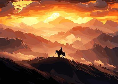 Horse Rider at Sunset Mountain Landscape