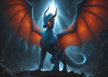 Majestic Blue Dragon with Fiery Orange Wings Covered In a Magical Glow