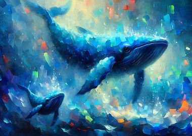 Whale Pair in Abstract Ocean Painting