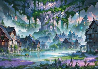 Fantasy Village Landscape with Floating Rock