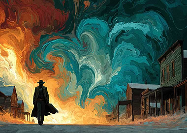 Western Town with Cowboy and Swirling Sky