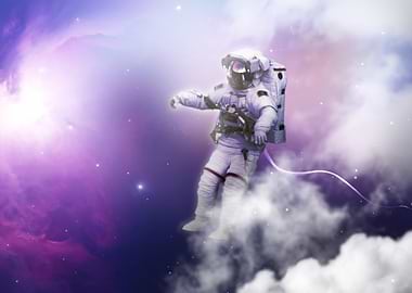 Astronaut floating in space clouds
