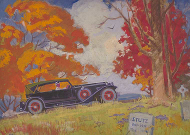 Vintage Car in Autumn Landscape Painting