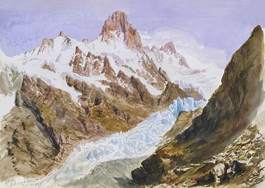 Watercolor Mountain Landscape with Glacier