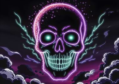 Neon Skull with Clouds