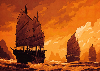 Chinese Junk Ships at Sea
