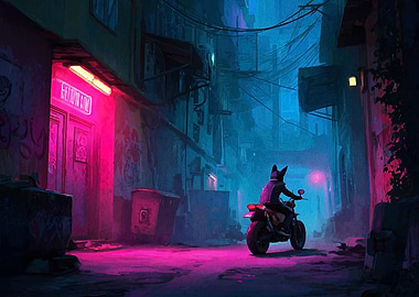 Cyberpunk Alley Motorcycle Rider