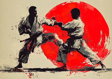 Karate Sparring with Red Sun Backdrop