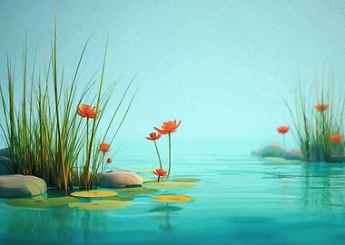 Serene Pond with Orange Flowers