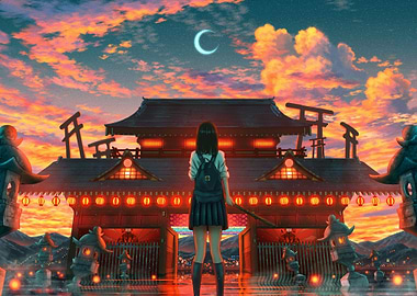Anime Girl at Japanese Temple Sunset