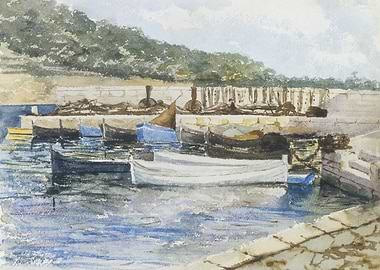 Watercolor Painting of Boats in Harbor
