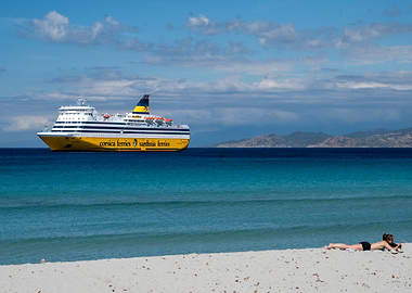 Beach scene with ferry and sunbather