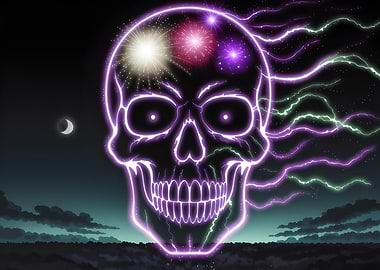 Neon Skull with Fireworks and Lightning