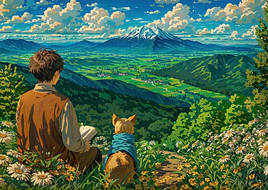 Boy and Dog Mountain Landscape