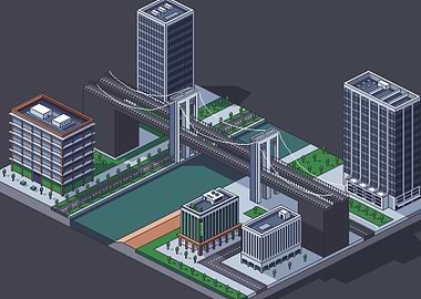 Isometric Pixel Art Cityscape with Bridge