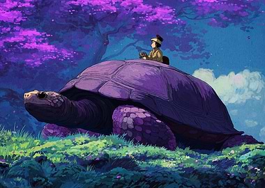 Boy Riding Giant Turtle in Fantasy Landscape