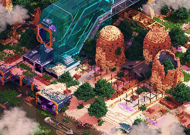 Futuristic meets rustic voxel landscape