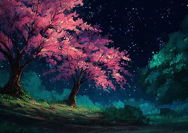 Cherry Blossom Trees at Night