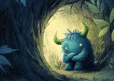 Sad Blue Monster in the Woods