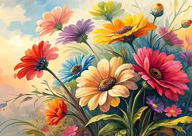 Colorful Daisy Flower Garden Painting
