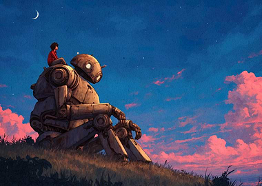 Boy and Robot Under Starry Sky
