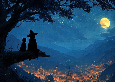 Witch and Cat Under Moonlight