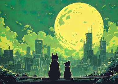 Cats Watching the Moon over Cityscape