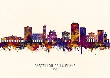 Castellón de la Plana Skyline Watercolor