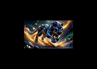 Majestic Black Panther – Leaping Through Golden Cosmic Energy