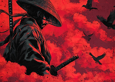 Samurai with Crows in Red Sky