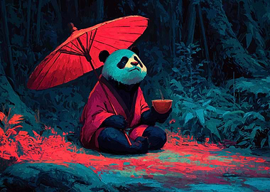 Panda in Kimono with Umbrella