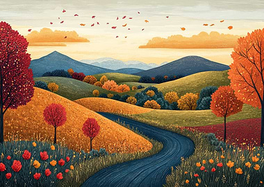 Autumn Landscape with River and Hills