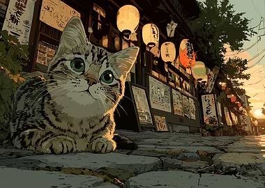 Cat in Japanese Street Scene