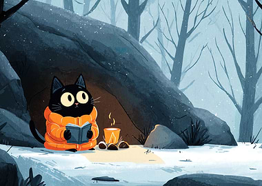 Cozy Cat Reading by Campfire