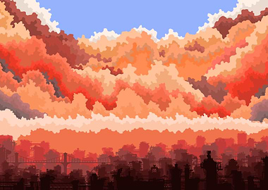 Cityscape under a fiery sky