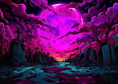 Neon Graveyard Under a Pink Moon