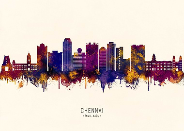 Chennai Tamil Nadu Skyline Watercolor Art